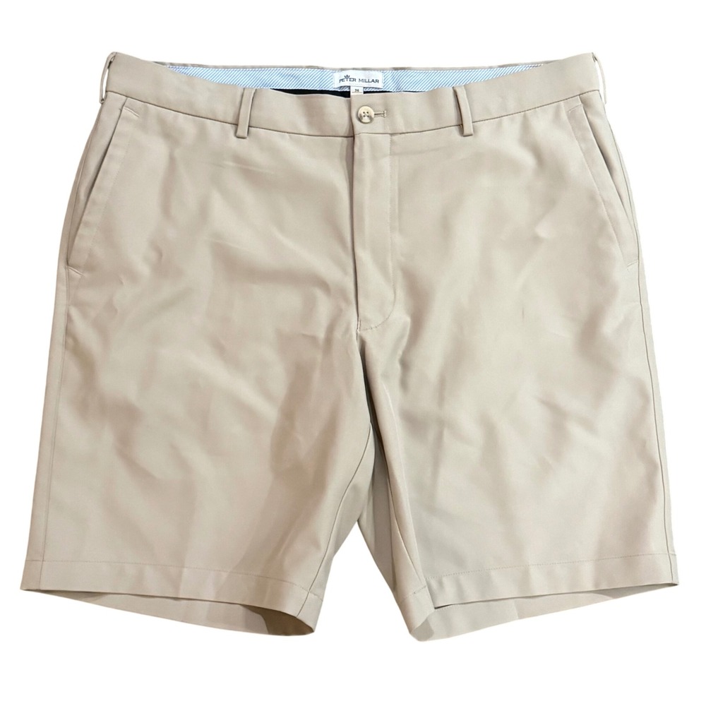 Peter Millar Mens Khaki Tan Performance Golf Shorts Size 36 Flat Front Stretch